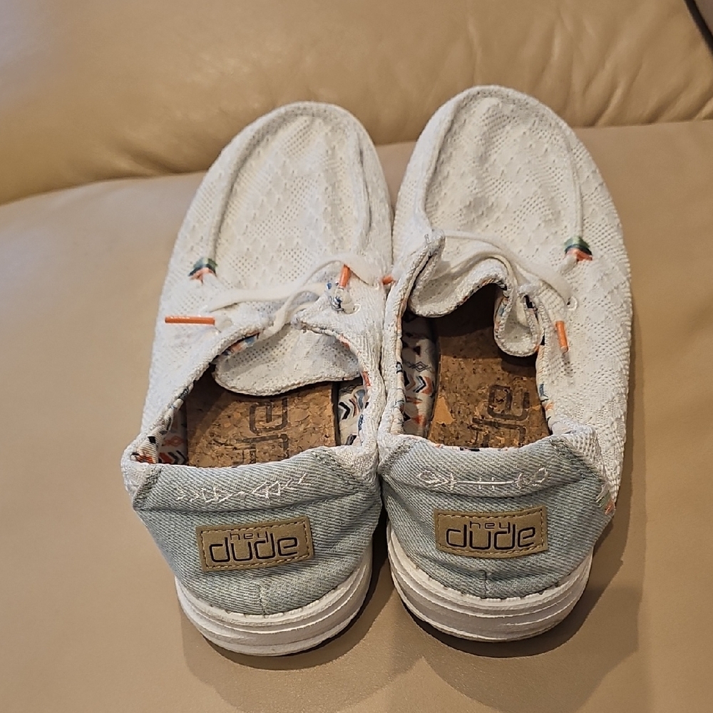 Hey Dude Womans White and Light Blue Sneakers